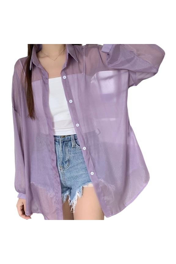 Women Button Down Shirt Blouses See Through Long Sleeve Top Vintage Sheer Shirt