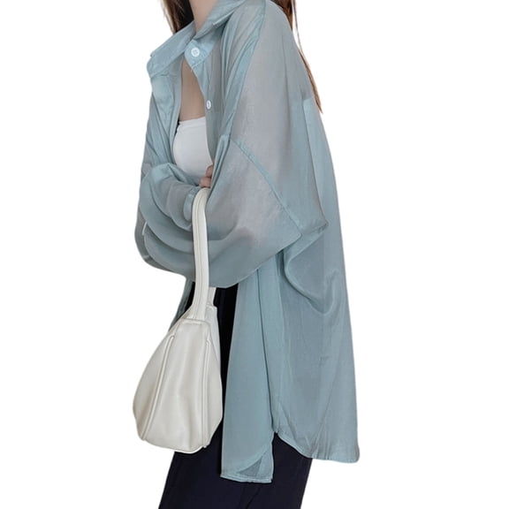 Women Button Down Shirt Blouses See Through Long Sleeve Top Vintage Sheer Shirt