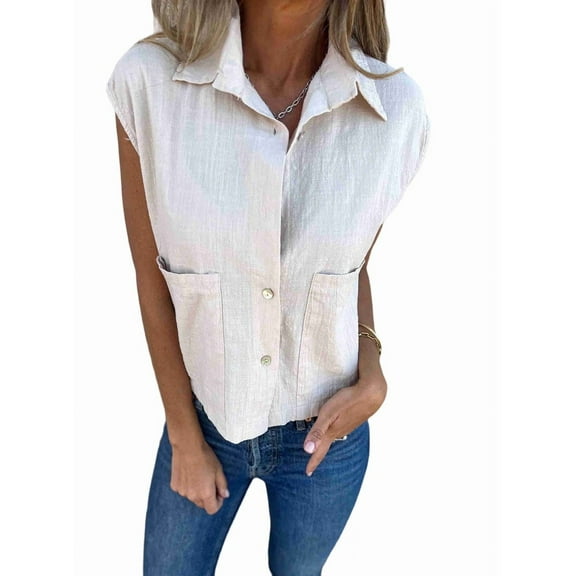 Women Button Down Shirt Cotton Linen Short Sleeve V Neck Blouse Summer Loose Blouse Casual Tops S