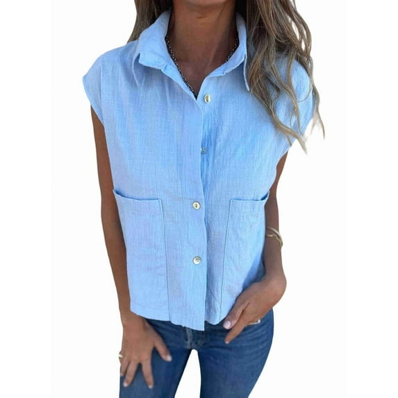 Women Button Down Shirt Cotton Linen Short Sleeve V Neck Blouse Summer Loose Blouse Casual Tops Light Blue M