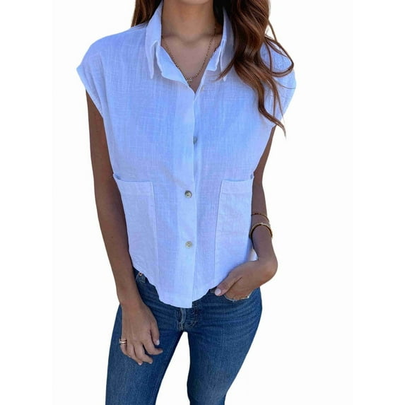 Women Button Down Shirt Cotton Linen Short Sleeve V Neck Blouse Summer Loose Blouse Casual Tops White XL