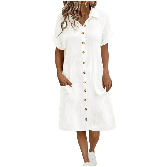 Women Button Down Shirt Dress Summer Short Sleeve Collared Dresses Casual Loose Midi Dress with Pockets