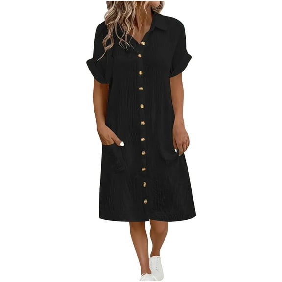 Women Button Down Shirt Dress Summer Short Sleeve Collared Dresses Casual Loose Midi Dress with Pockets