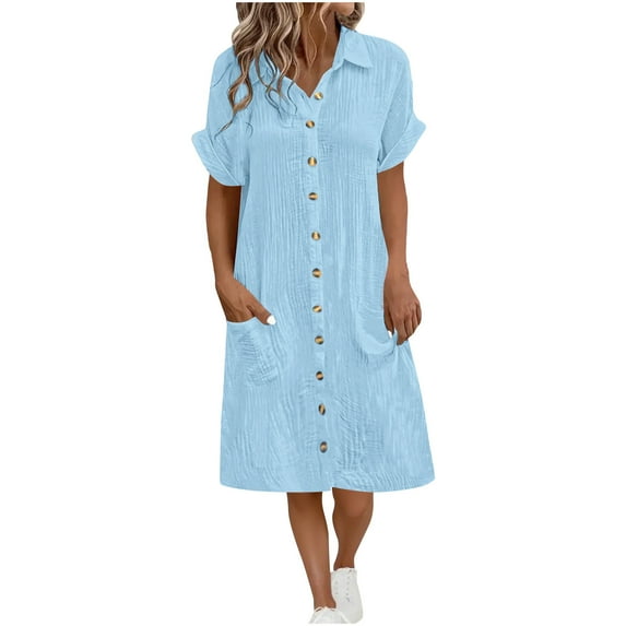 Women Button Down Shirt Dress Summer Short Sleeve Collared Dresses Casual Loose Midi Dress with Pockets