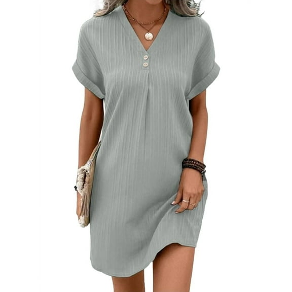 Women Button Down Shirt Dresses Summer Cotton Linen Dress V-Neck Mini Casual Short Sleeve Loose Tunic Light Gray L
