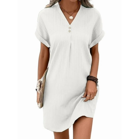 Women Button Down Shirt Dresses Summer Cotton Linen Dress V-Neck Mini Dress Casual Short Sleeve Loose Tunic Dresses White L