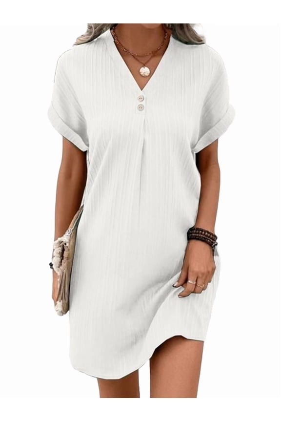 Women Button Down Shirt Dresses Summer Cotton Linen Dress V-Neck Mini Dress Casual Short Sleeve Loose Tunic Dresses White L