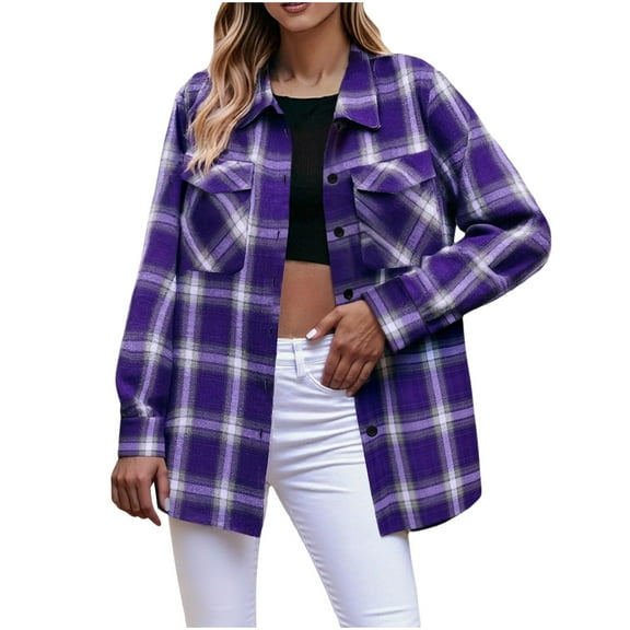 Women Button Down Shirt Fall Long Sleeve Fashion Casual Shirts Plaid Dressy Lightweight Shacket with Pockets Purple XL