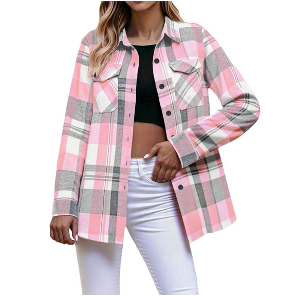 Women Button Down Shirt Fashion Dressy Casual Fall Shirts Lightweight Long Sleeve Plaid Shacket with Pockets Pink L