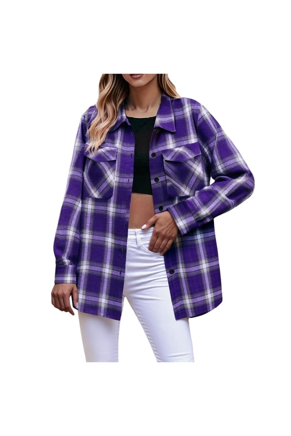 Women Button Down Shirt Fashion Fall Lightweight Dressy Shacket Long Sleeve Plaid Casual Shirts with Pockets Purple L