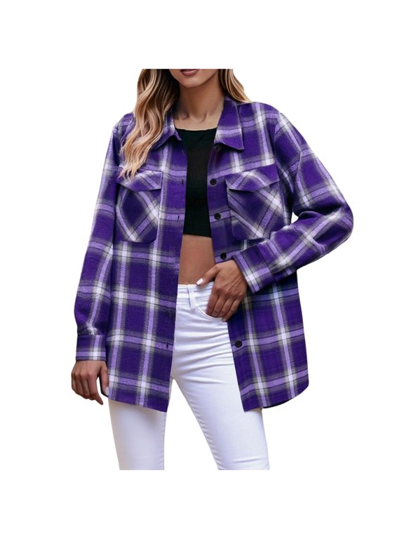 Women Button Down Shirt Fashion Fall Lightweight Dressy Shacket Long Sleeve Plaid Casual Shirts with Pockets Purple L
