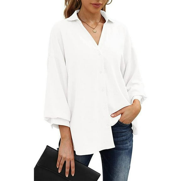 Women Button Down Shirt V Neck Pure Color Three Quarter Puff Sleeve Button Down V Neck Shirt for Women White S