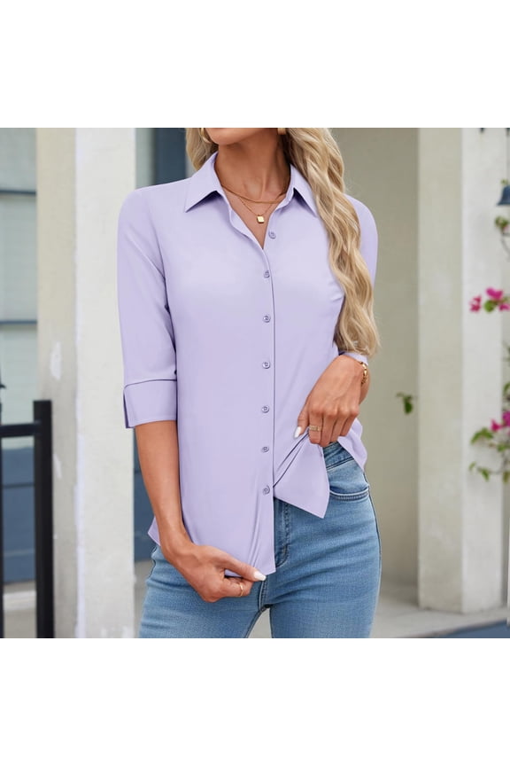 Women Button Down Shirts 3/4 Sleeve Basic Business Dress Shirt Collared Work Office Slim Fitted Classic V Neck Button Up Blouse Tops Light Purple L