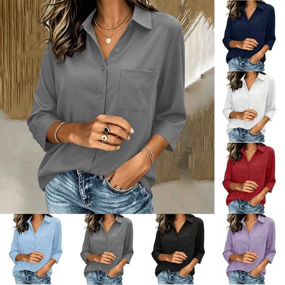 Women Button Down Shirts 3/4 Sleeve Solid Business Casual Outfits Lightweight Loose Blouses Collared V-Neck Clothing Fashion Fall