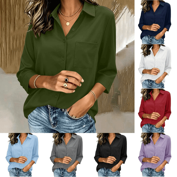 Women Button Down Shirts 3/4 Sleeve Solid Business Casual Outfits Lightweight Loose Blouses Collared V-Neck Clothing Fashion Fall
