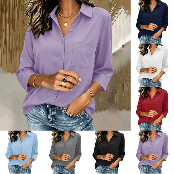 Women Button Down Shirts 3/4 Sleeve Solid Business Casual Outfits Lightweight Loose Blouses Collared V-Neck Clothing Fashion Fall