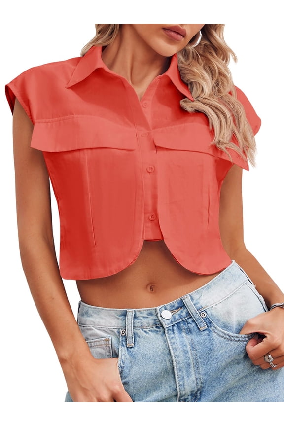 Women Button Down Shirts Cap Sleeve Crop Tops Blouse