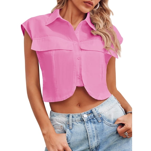 Women Button Down Shirts Cap Sleeve Crop Tops Blouse