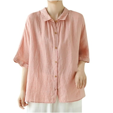 Women Button Down Shirts Casual Collared 1/2 Sleeve Office Blouses Cotton Linen Lightly Summer Work Everyday Tops M-XXL, Pink, XXL