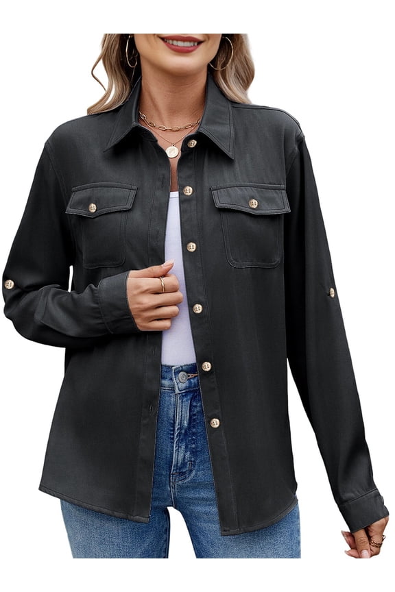 Women Button Down Shirts Casual Long Sleeve V Neck Chambray Blouse Top