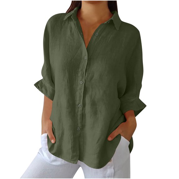 Women Button Down Shirts Cotton Linen Blouse Tops 3/4 Sleeve Gauze Collar Shirt Tunic Loose Fit Fashion Trendy Clothes