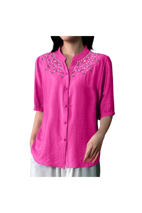 Women Button Down Shirts Cotton Linen Blouse Tops 3/4 Sleeve Gauze Collar Shirt Tunic Loose Fit Fashion Trendy Clothes