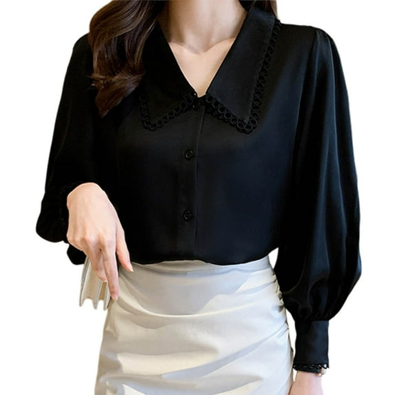 Women Button Down Shirts Fall Lantern Long Sleeve Lapel V Neck Blouses Loose Fit Bussiness Casual Office Work Tops S-2XL