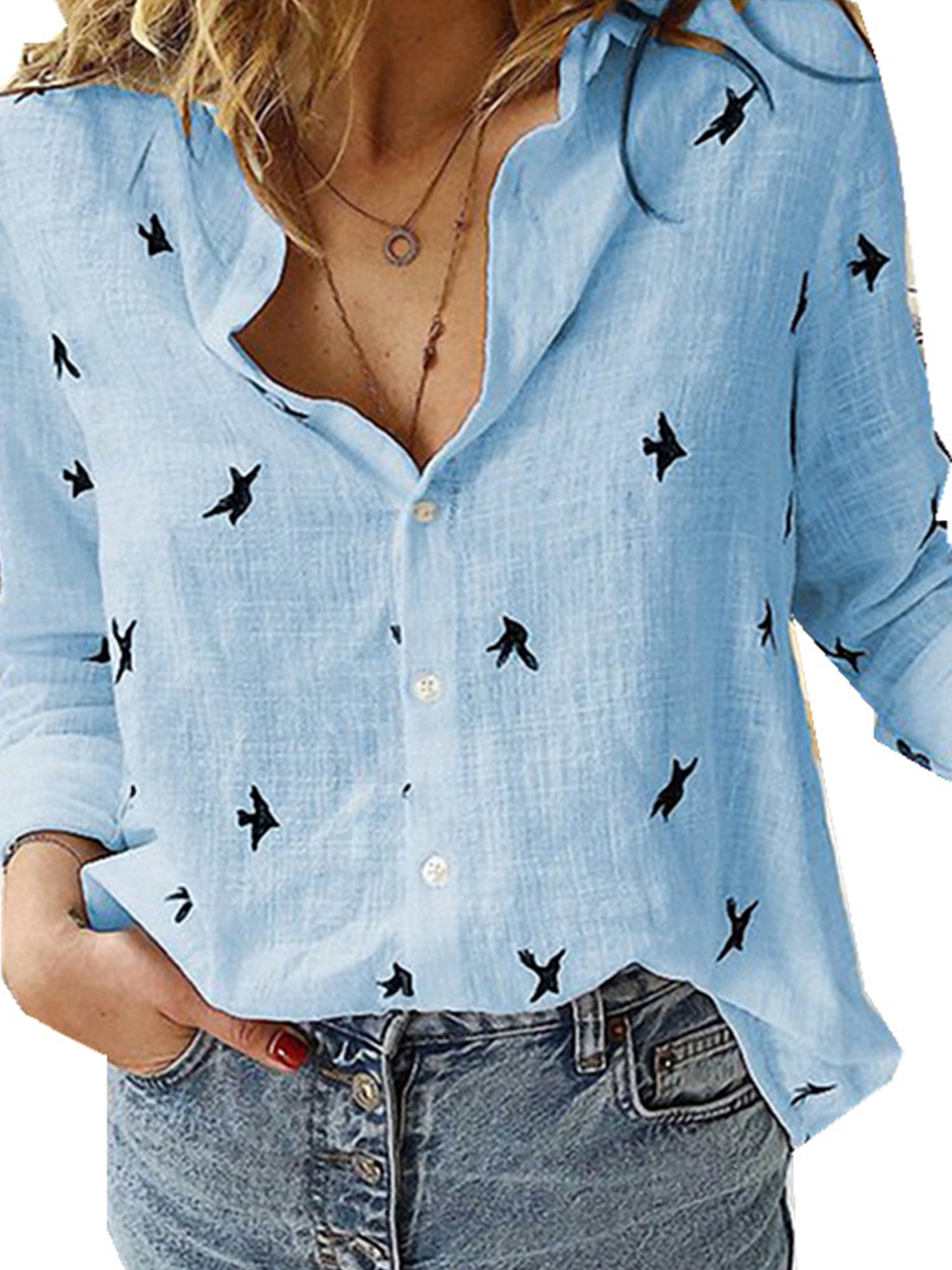 Women Button Down Shirts Long Sleeve Linen Office V Neck Casual