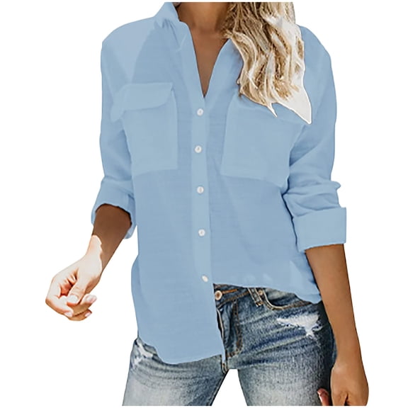 Women Button Down Shirts Long Sleeve V Neck Solid Color Tops Casual Collared Office Blouse with Chest Pockets