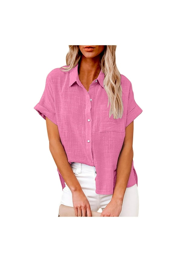 Women Button Down Shirts Short Sleeve Cotton Linen Shirt Tops Loose Fitting Collared Gauze Blouse Summer Clothing
