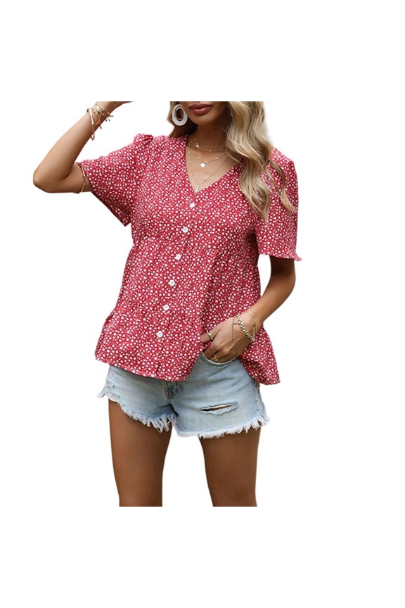 Women Button Down Shirts Short Sleeve Tops V Neck Collar Blouses Wine Red S
