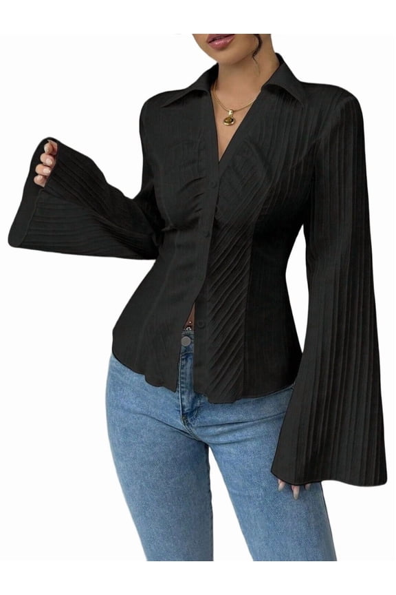 Women Button Down Shirts Striped Long Sleeve Collared Casual Work Blouses Tops Trendy Outfits Black XXL