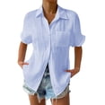 thumbnail image 1 of Women Button Down Short Sleeve Shirts Collared Textured Summer Blouse Casual Tops with Pockets Blue 5XL, 1 of 7