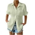thumbnail image 1 of Women Button Down Short Sleeve Shirts Collared Textured Summer Blouse Casual Tops with Pockets Light Green L, 1 of 7