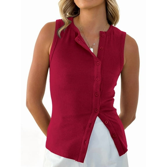 Women Button Down Vest Ribbed Summer Tank Tops Button Up Open Front Rib Shirt Sleeveless Slim Dressy Top Fashion Red L