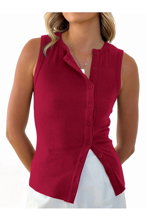 Women Button Down Vest Ribbed Summer Tank Tops Button Up Open Front Rib Shirt Sleeveless Slim Dressy Top Fashion Red L