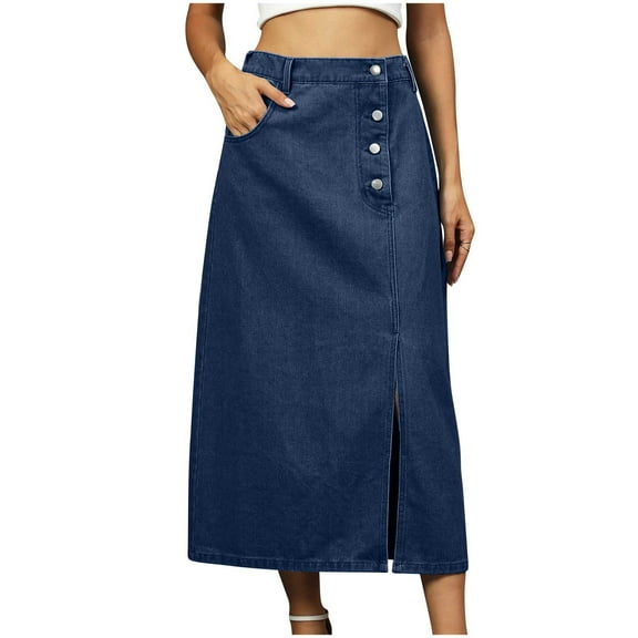 Women Button Front Denim Skirt High Waisted Split Hem Bodycon Longline Button Down One Piece Jean Skirts with Pockets