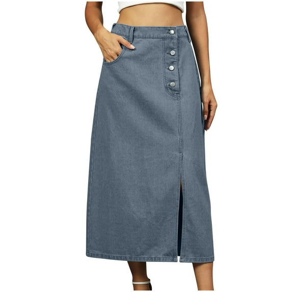 Women Button Front Denim Skirt High Waisted Split Hem Bodycon Longline Button Down One Piece Jean Skirts with Pockets