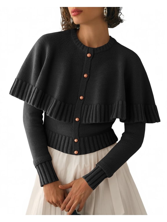 Women Button Front Knit Cardigan, Long Sleeve Cape Ruffle Trim Cropped Sweater Coat