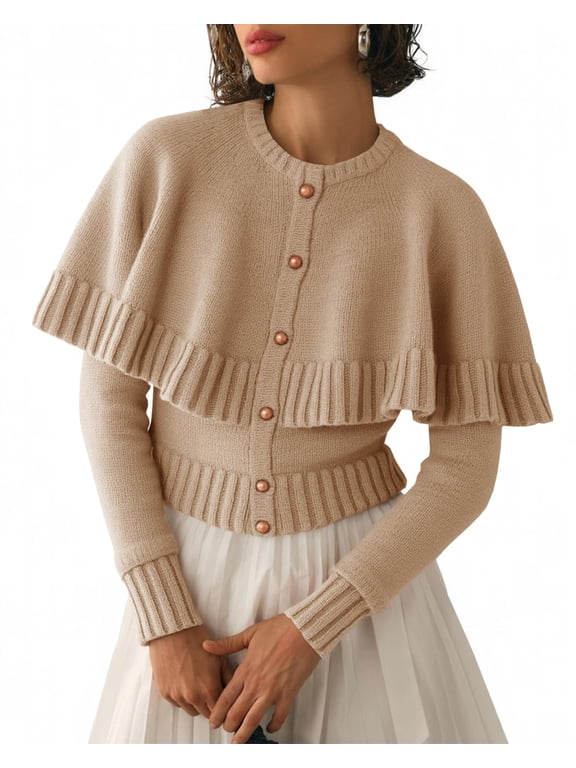 Women Button Front Knit Cardigan, Long Sleeve Cape Ruffle Trim Cropped Sweater Coat