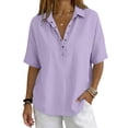 thumbnail image 1 of Women Button Front Lapel Short Sleeve Shirt Casual Solid Top,Light Purple,S, 1 of 4