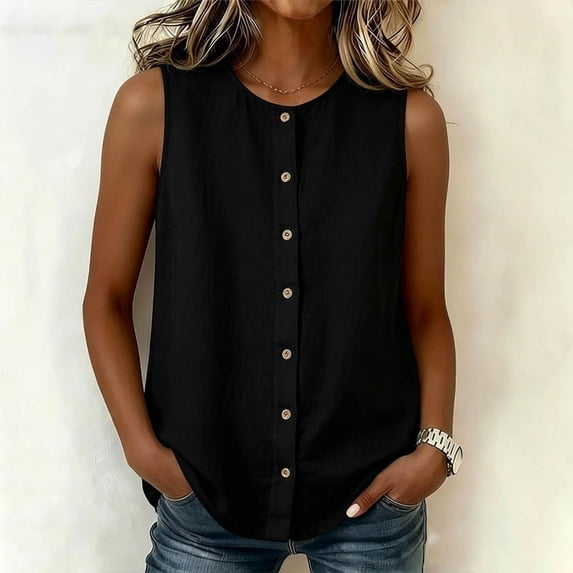 Women Button Front Linen Sleeveless Tank Tops Loose Breathable Casual Crew Neck Daily Summer Blouse Vests Black XL