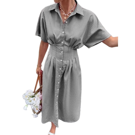 Women Button Front Pleated Shirt Dresses Summer Casual Short Sleeve Pleated Blouse Mini Dress Gray XL