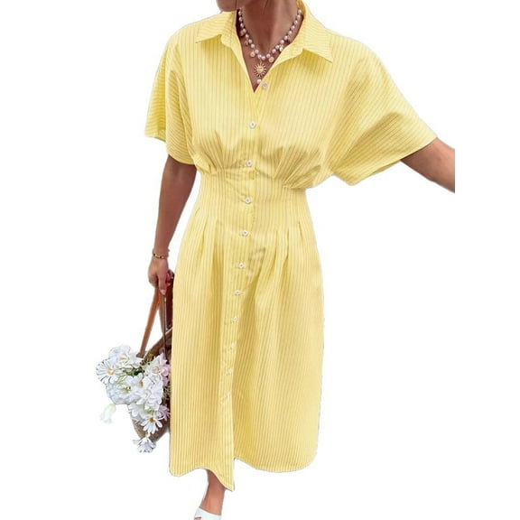 Women Button Front Pleated Shirt Dresses Summer Casual Short Sleeve Pleated Blouse Mini Dress Yellow S