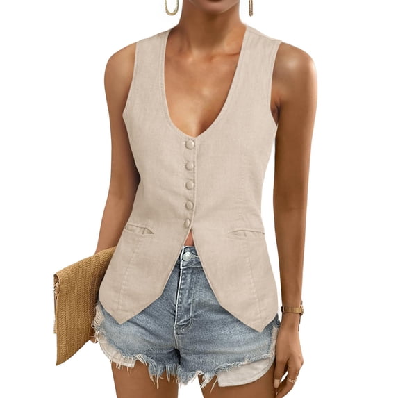Women Button Front Sleeveless Layering Vest with Pockets