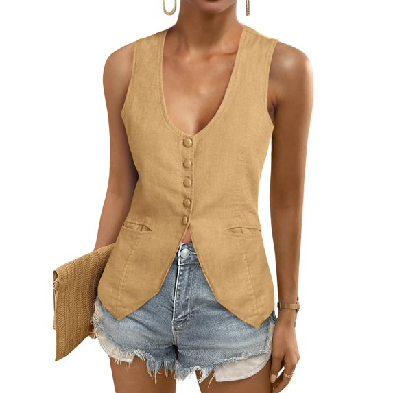 Women Button Front Sleeveless Layering Vest with Pockets