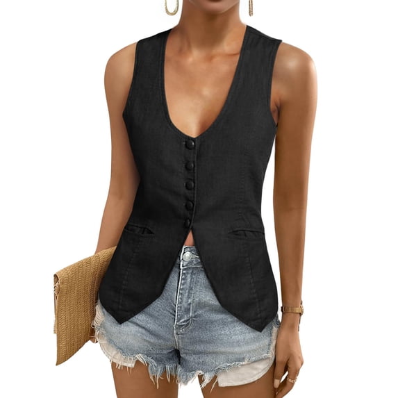 Women Button Front Sleeveless Layering Vest with Pockets