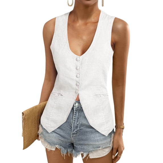 Women Button Front Sleeveless Layering Vest with Pockets