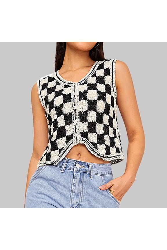 Women Button Front V Neck Sleeveless Plaid Checkered Knit Sweater Vest
