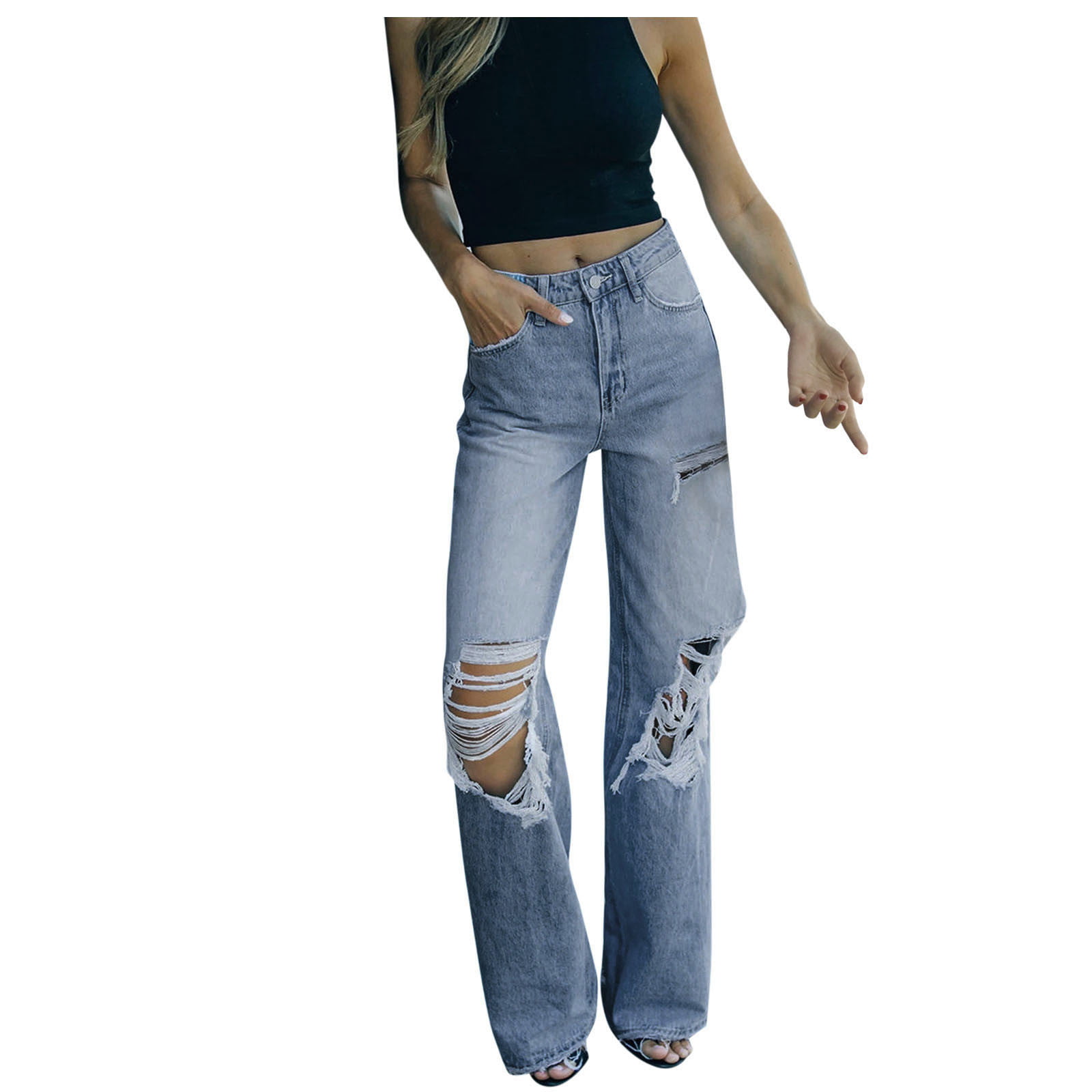 Women Button High Waist Pocket Elastic Hole Jeans Trousers Slim Denim  Pantswomen's slim bootcut jeans women's low jeans women's jeans size 12  women's